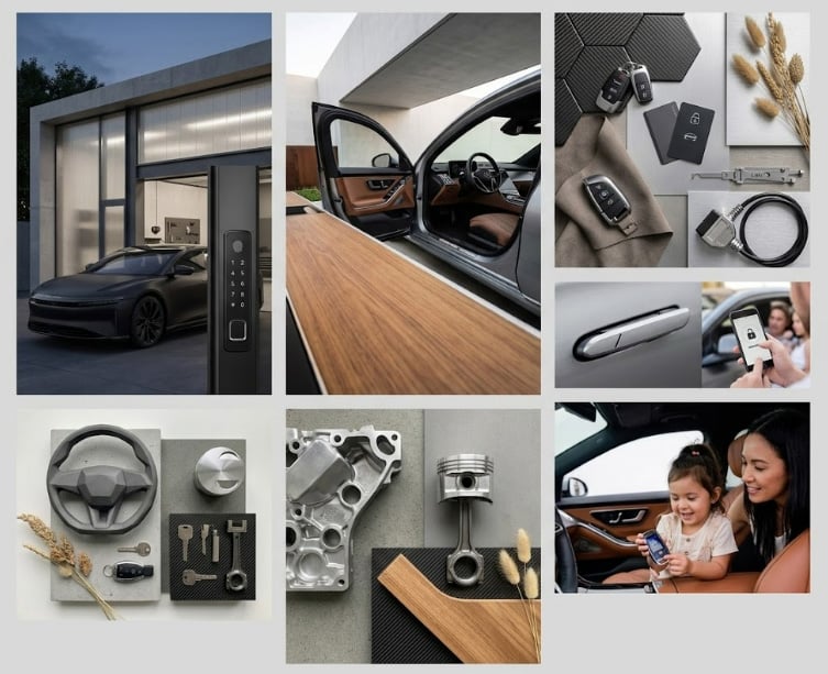 A collage of seven images focusing on luxury automotive technology and design elements.