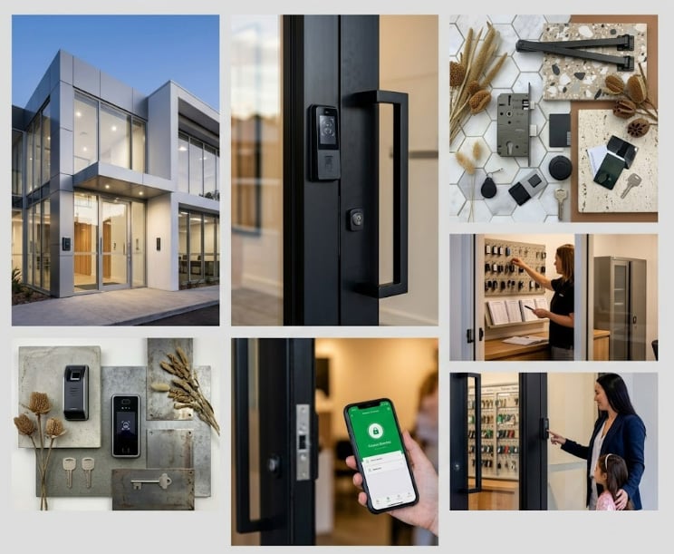A collage of seven images focusing on commercial security and access control technology.