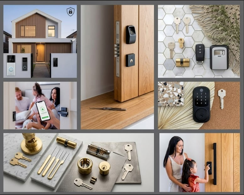 A collage of seven images focusing on residential security and smart lock technology
